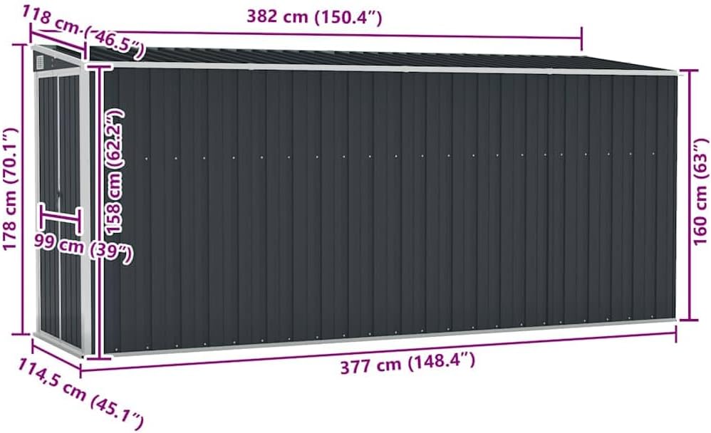 Abri de jardin mural - anthracite - 118x382x178 cm acier robuste