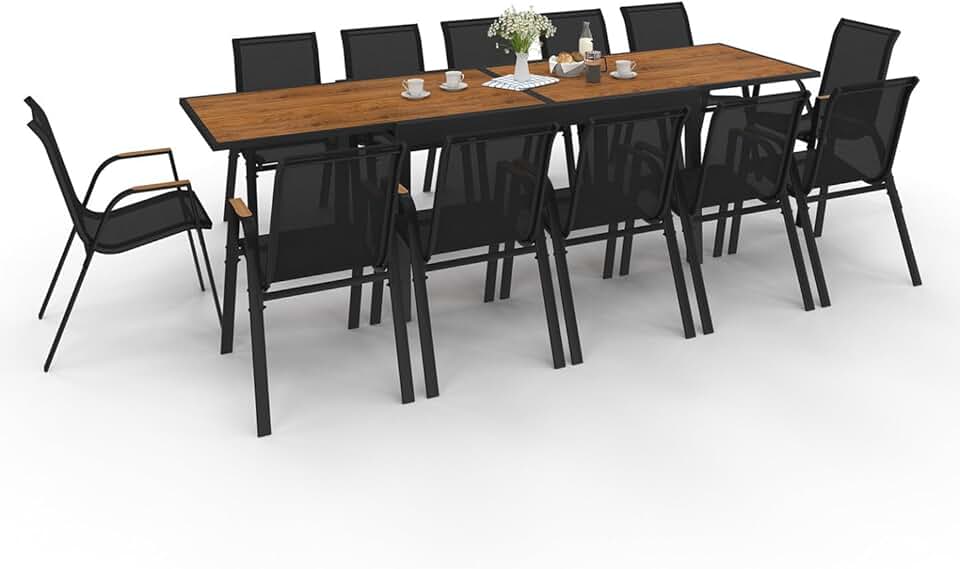 jardinito - Salon de Jardin NOUMEA Table Extensible 135/270 cm Plateau Effet Bois et 12 chaises empilables Noir et Bois