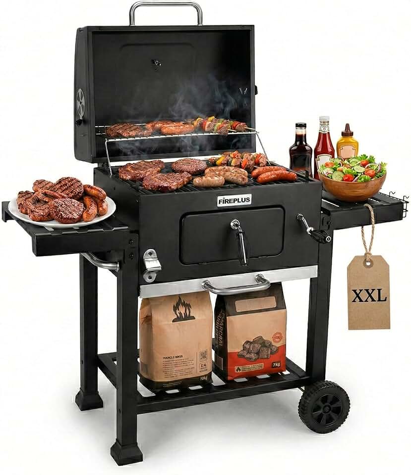 jardinito - Fireplus Barbecue - 116,5x13,1x56cm - charbon, roues, plateaux, ventilation