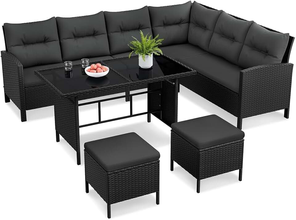 jardinito - Salon de jardin 4 pièces - polyrotin, ottomans, table - noir/gris