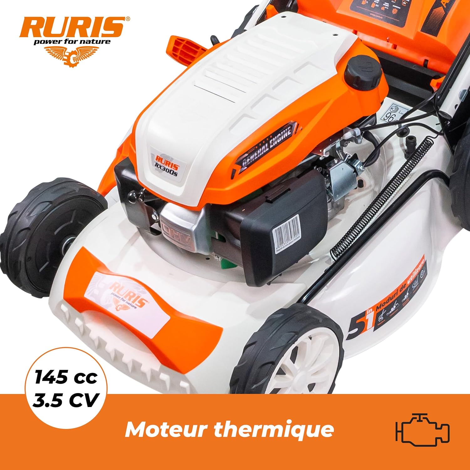 RURIS Tondeuse à Gazon Thermique RX300S 3,5 CV – Largeur 46 cm, Autopropulsée, 5 Fonctions - Ramassage, Éjection, Mulching, 1500 m², Moteur 4 Temps, Bac 65L