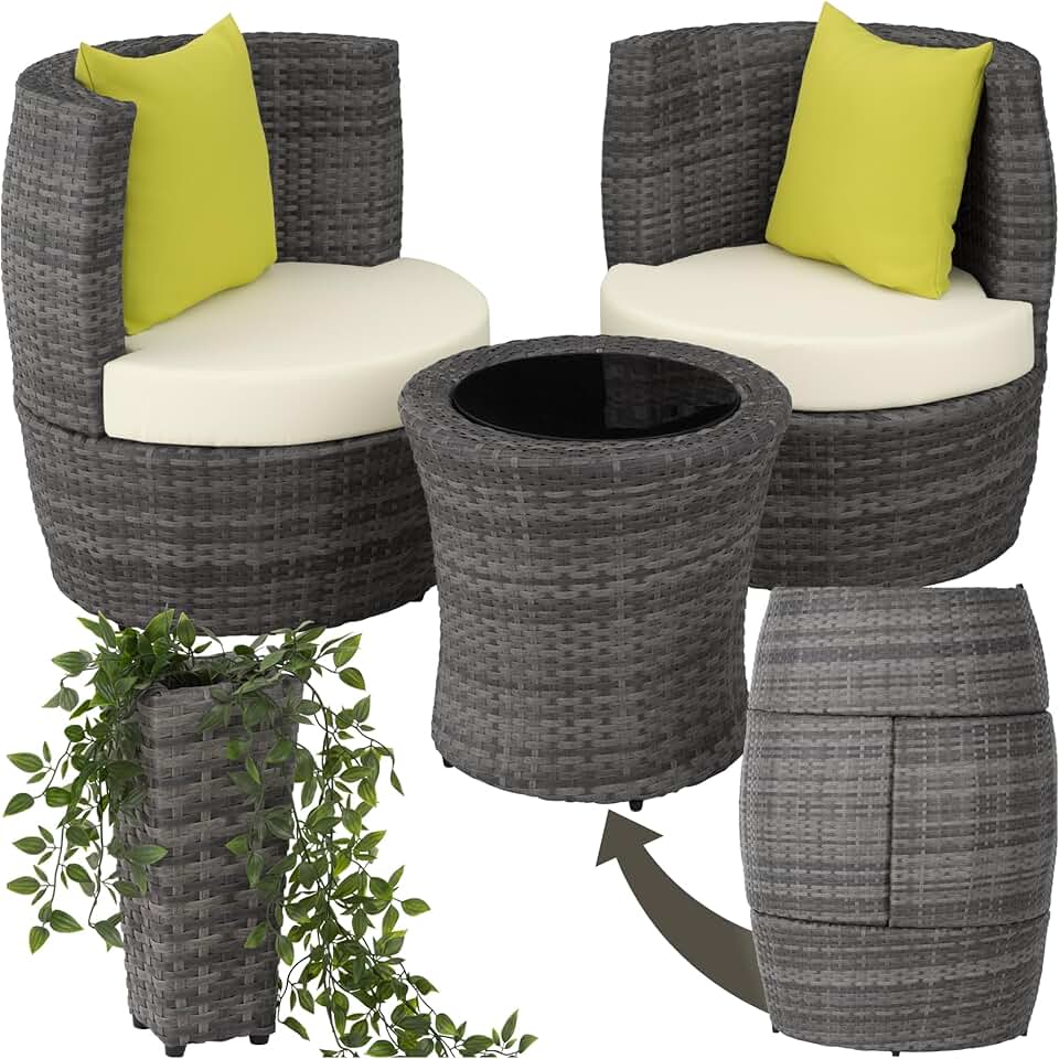 jardinito - Salon de jardin encastrable 2 places - Aluminium, polyrotin, coussins et pot de fleur - Idéal balcon terrasse