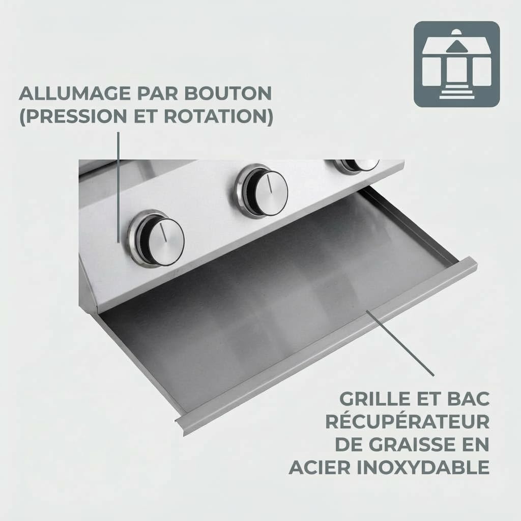 jardinito - Barbecue à gaz portable - inox - 3 brûleurs, thermomètre, allumage piézo - CATHAN
