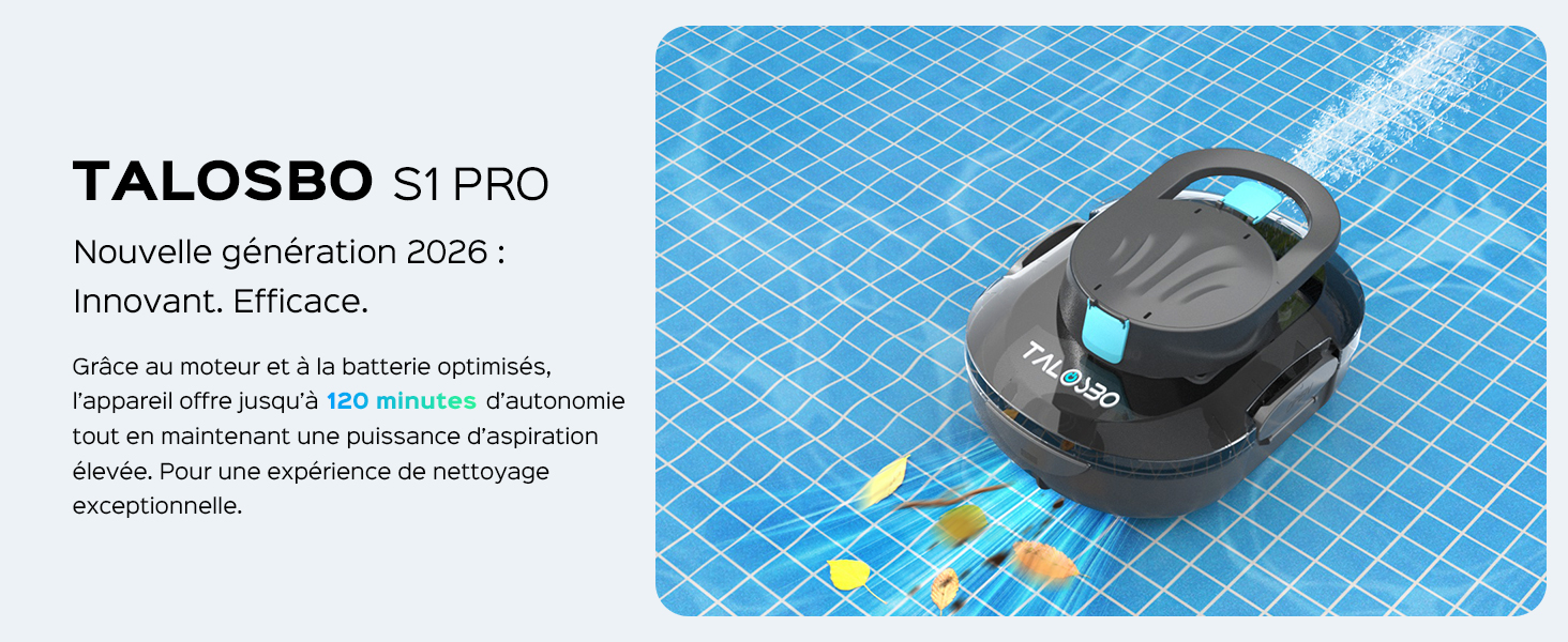 Le texte se lit comme suit : « jardinito S1 PRO nouvelle génération 2026 ! Innovant. Efficace. » Aspirateur robotique noir avec accent bleu représenté sur une surface quadrillée bleue sous un angle différent.