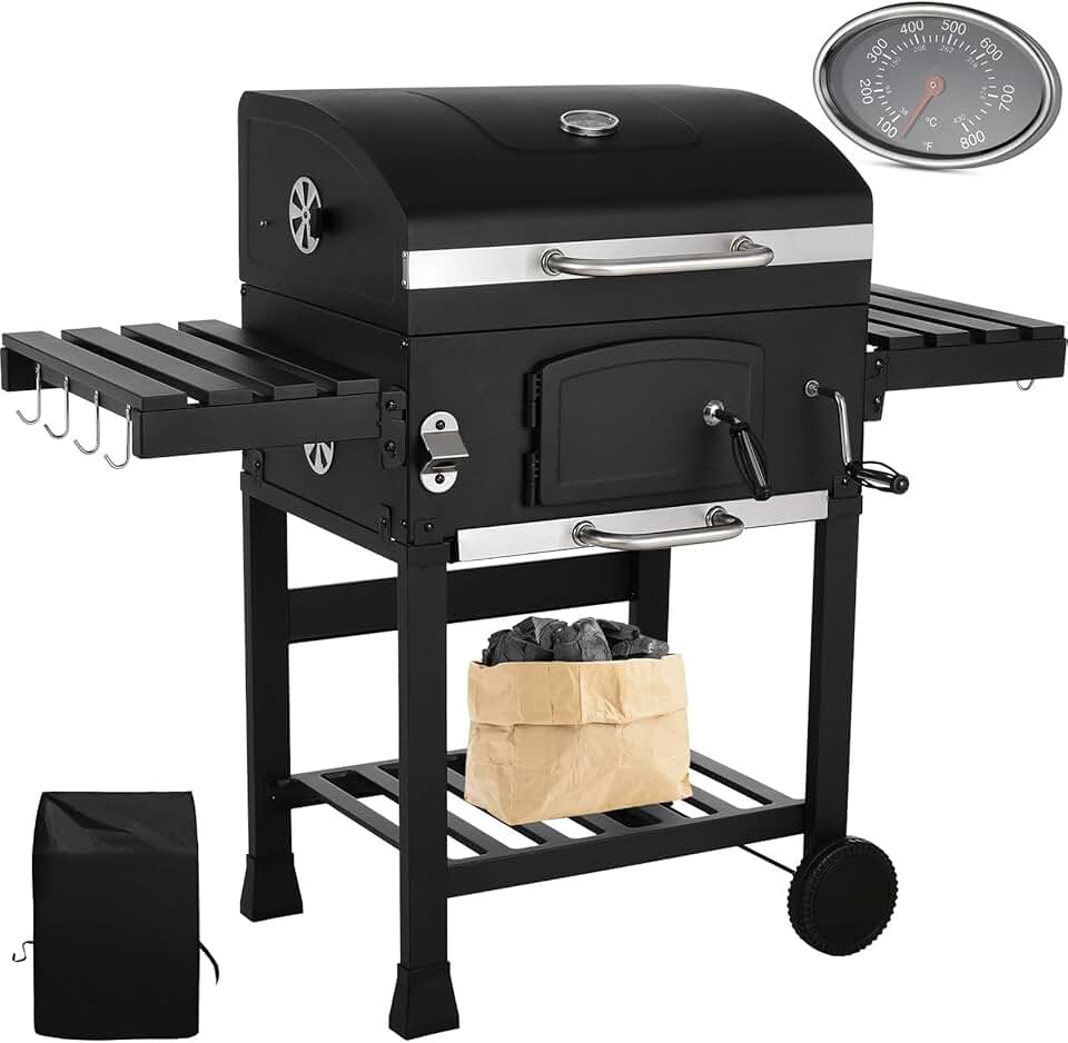 jardinito - Barbecue charbon XXL - grand chariot, fumoir et thermomètre