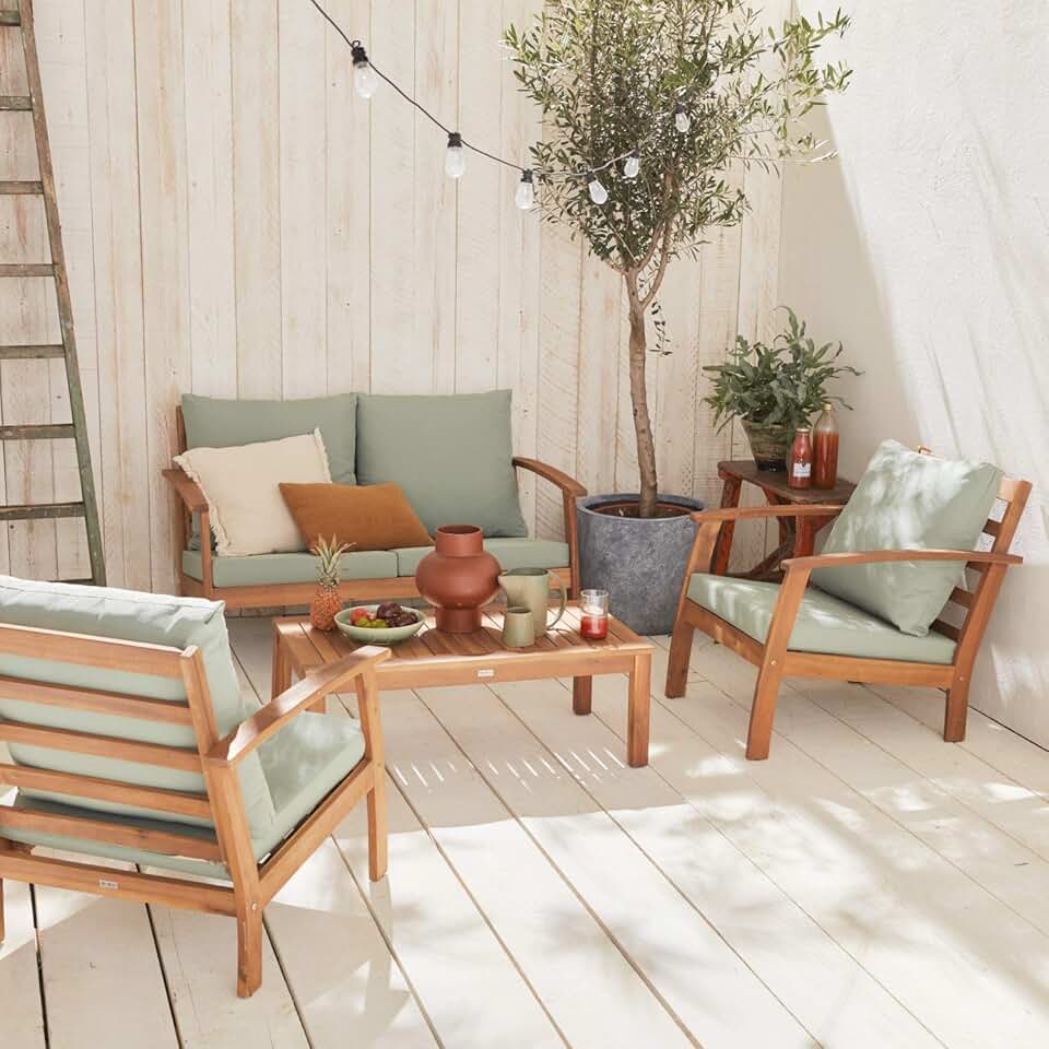 jardinito - Ushuaïa - Salon de jardin bois 4 places, coussins verts, canapé, fauteuils, table basse