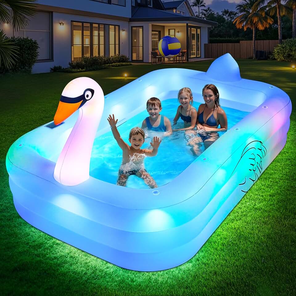 jardinito Piscine Gonflable avec Lumières, Swan Piscine Gonflable Adulte, 255x160x50cm Grande Piscines Gonflables Rectangulaire, Swimming Pool Surdimensionnée pour Enfants et Famille, pour Jardin