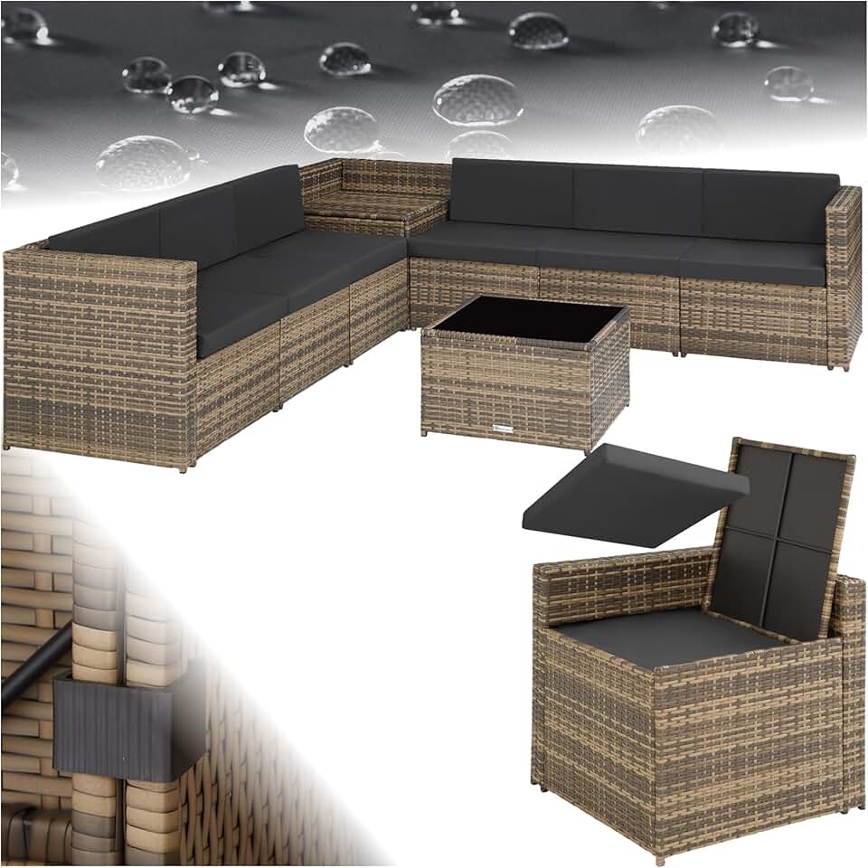 jardinito - salon de jardin modulable 6 places résine, coffre et table, brun - 200x130cm