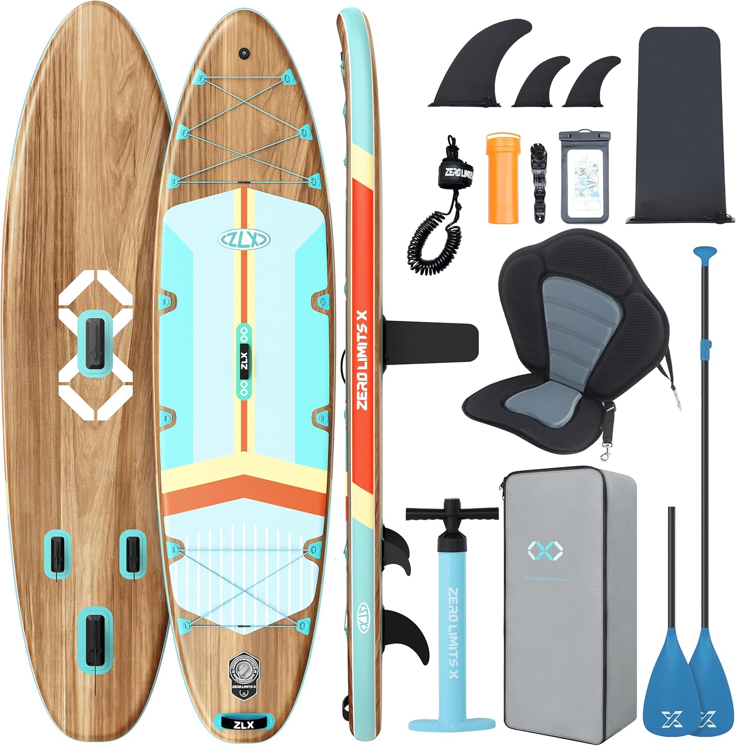 ZLX Paddle Gonflable 350 x 89 cm Extra Large Sup | Planche Stable Antidérapante, Aileron Amélioré, Accessoires Premium, Sac & Pompe Haute Pression, pour Adultes Tous Niveaux avec Siège Gonflable