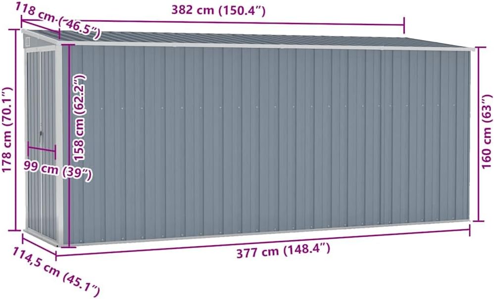 jardinito Abri de Jardin Mural Gris 118x382x178 cm Acier galvanisé, Maison & Jardin, Pelouses & Jardins, Vie en extérieur, Structures extérieures, Cabanes & abris de Jardin, Gris, (Poids 47.9KG)