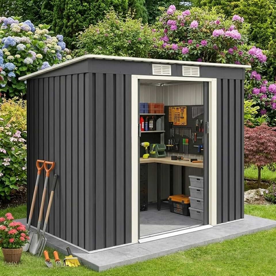 jardinito 2,37M² Abri de Jardin en Acier Galvanisé Résistant 4,1m³, 213x130x173CM, Cabane de Jardin Exterieur avec 2 Portes Coulissant, 2 Aérations, Toit Incliné, Rangement Outils pour Pelouse, Patio