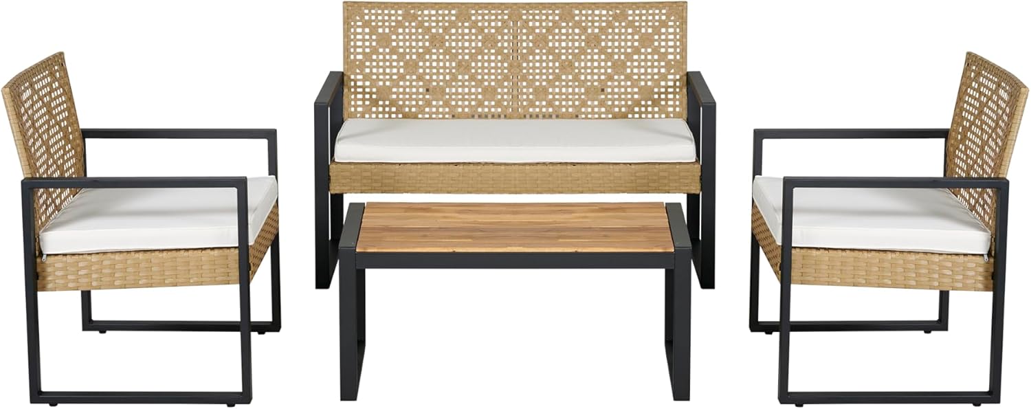 jardinito - Salon de jardin 4 pièces, acier/acacia, 2 chaises + banc, beige/naturel