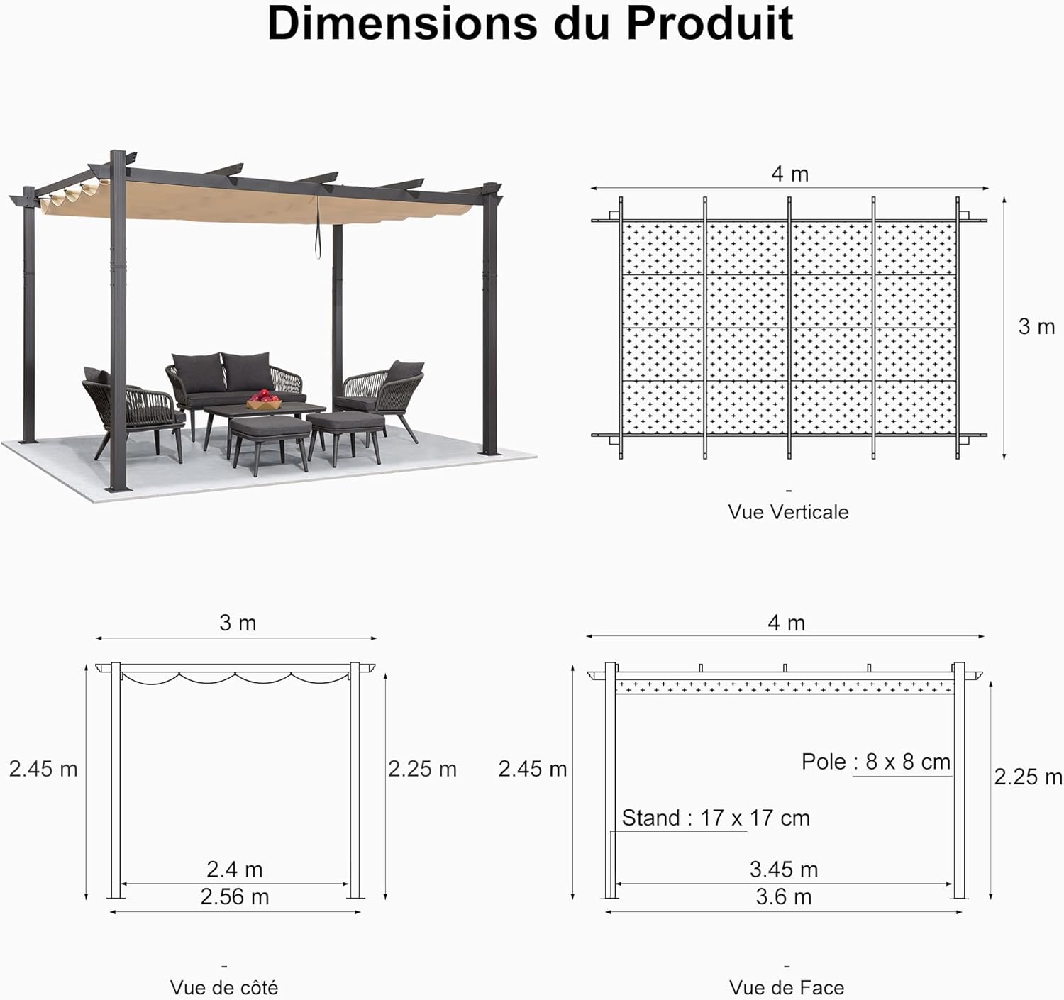 jardinito - Pergola aluminium LED, toit rétractable, 4x3m, kaki