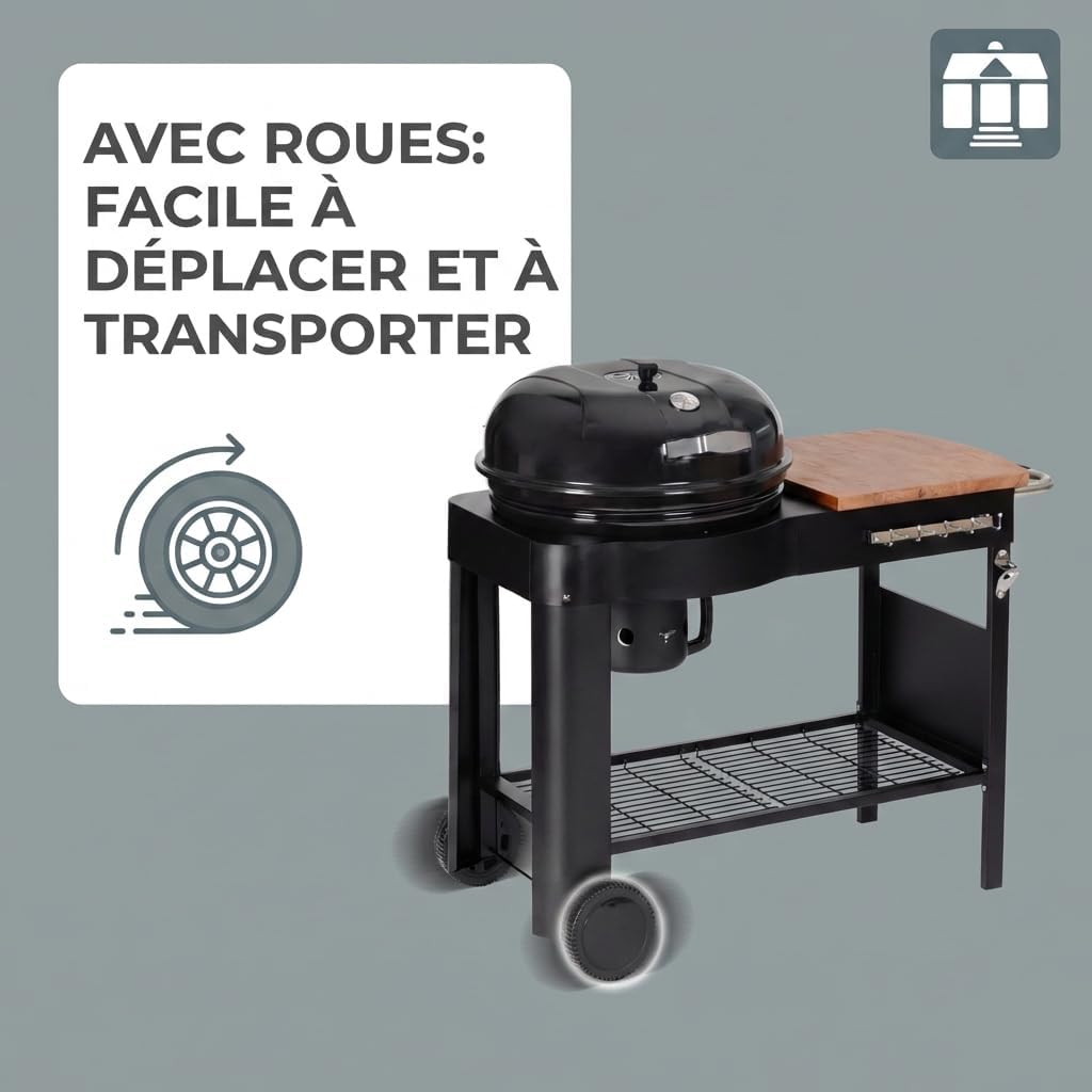 jardinito - Barbecue Calgary - acier/bois - couvercle thermomètre, tablettes, 2 roues, noir