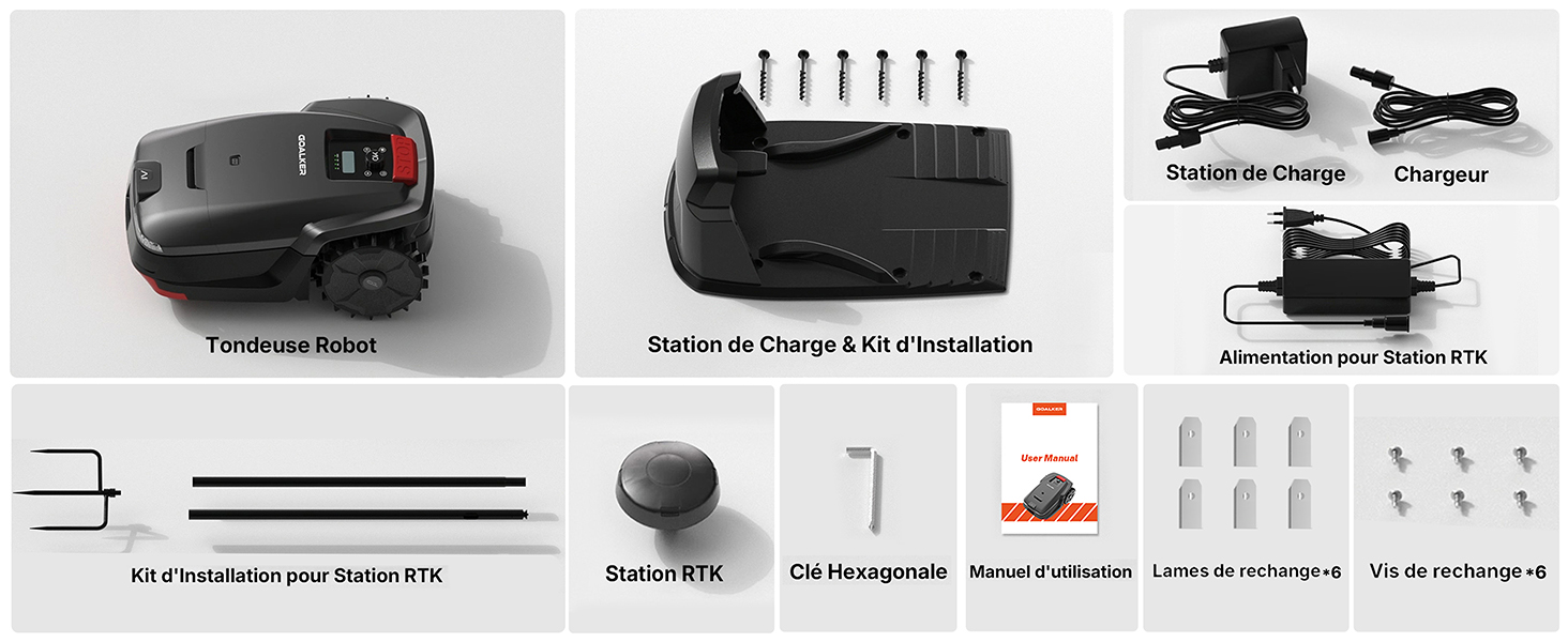 Affichage des accessoires et du contenu du produit montrant la station de charge, les têtes de fixation multiples, les câbles adaptateurs, la brosse de nettoyage, le manuel d'instructions et divers composants de rechange disposés systématiquement sur fond blanc.