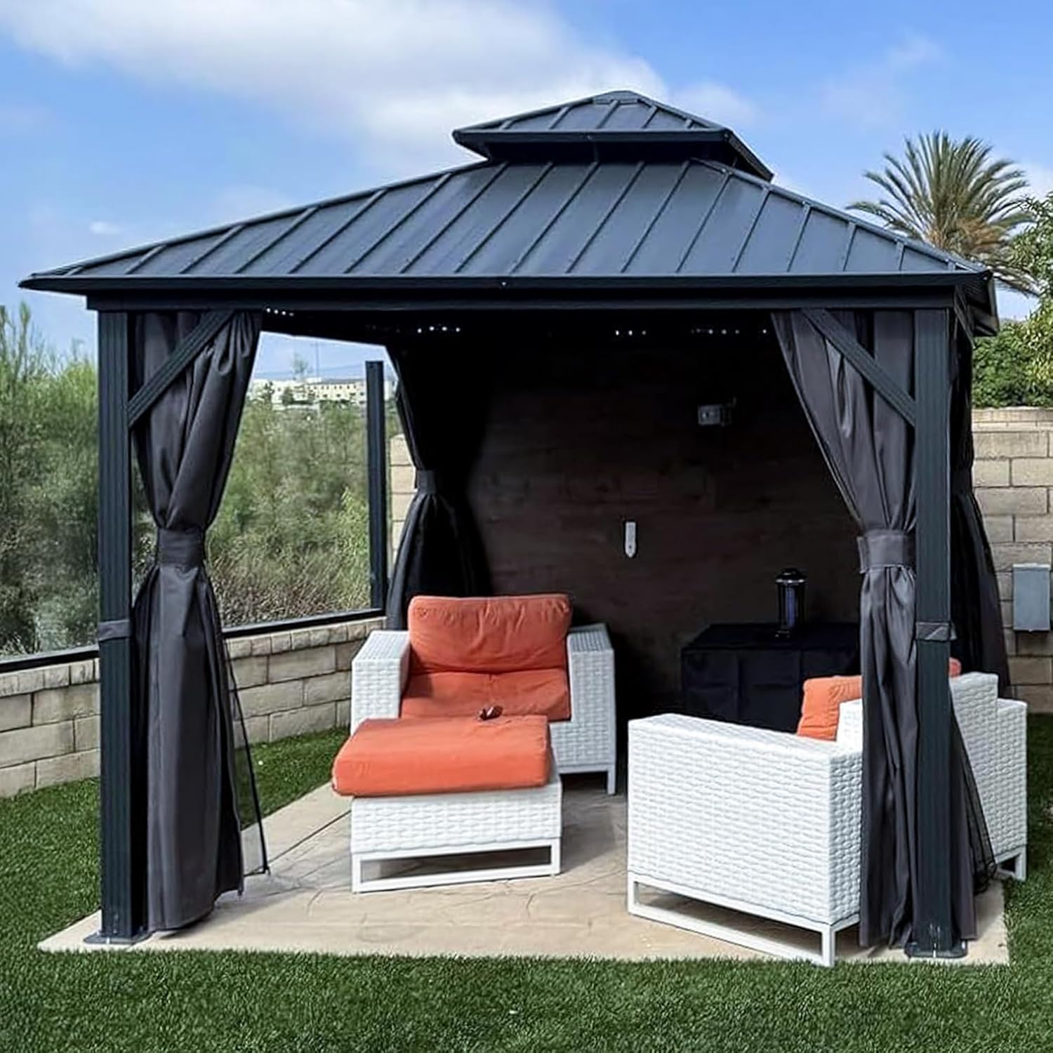 jardinito - tonnelle extérieur double toit 3x3m, alu et acier, rideaux, guirlande lumineuse