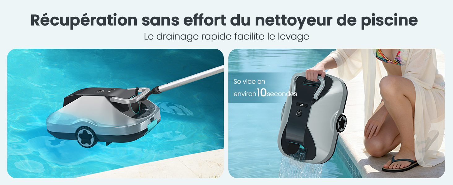 Le texte se lit comme suit : « Récupération sans effort du nettoyeur de piscine ». Image divisée montrant un nettoyeur de piscine dans l'eau et un appareil de manutention.