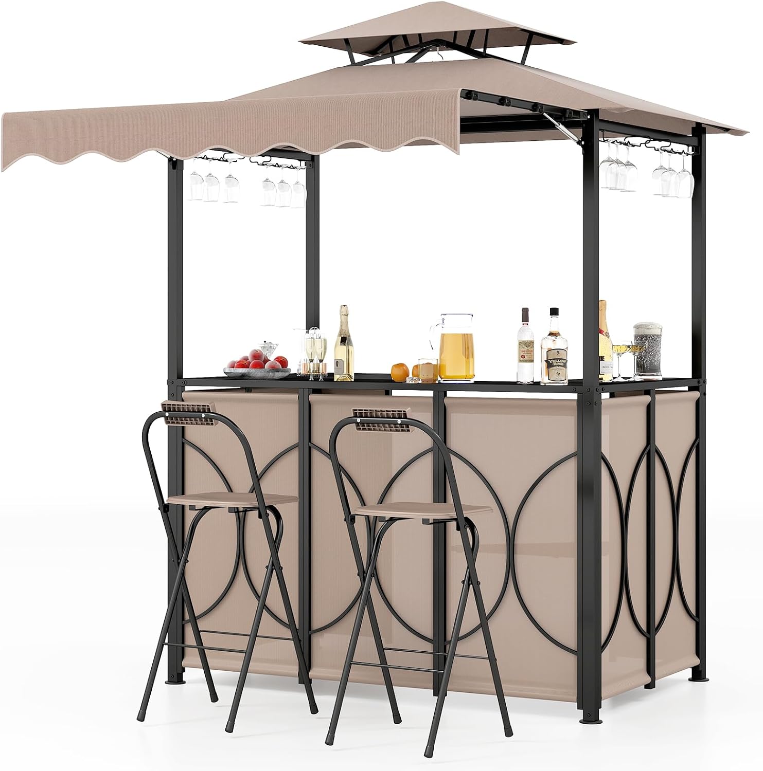 jardinito - Tonnelle barbecue extérieur 3 pcs, table bar, 2 chaises pliables, double toit, métal, marron