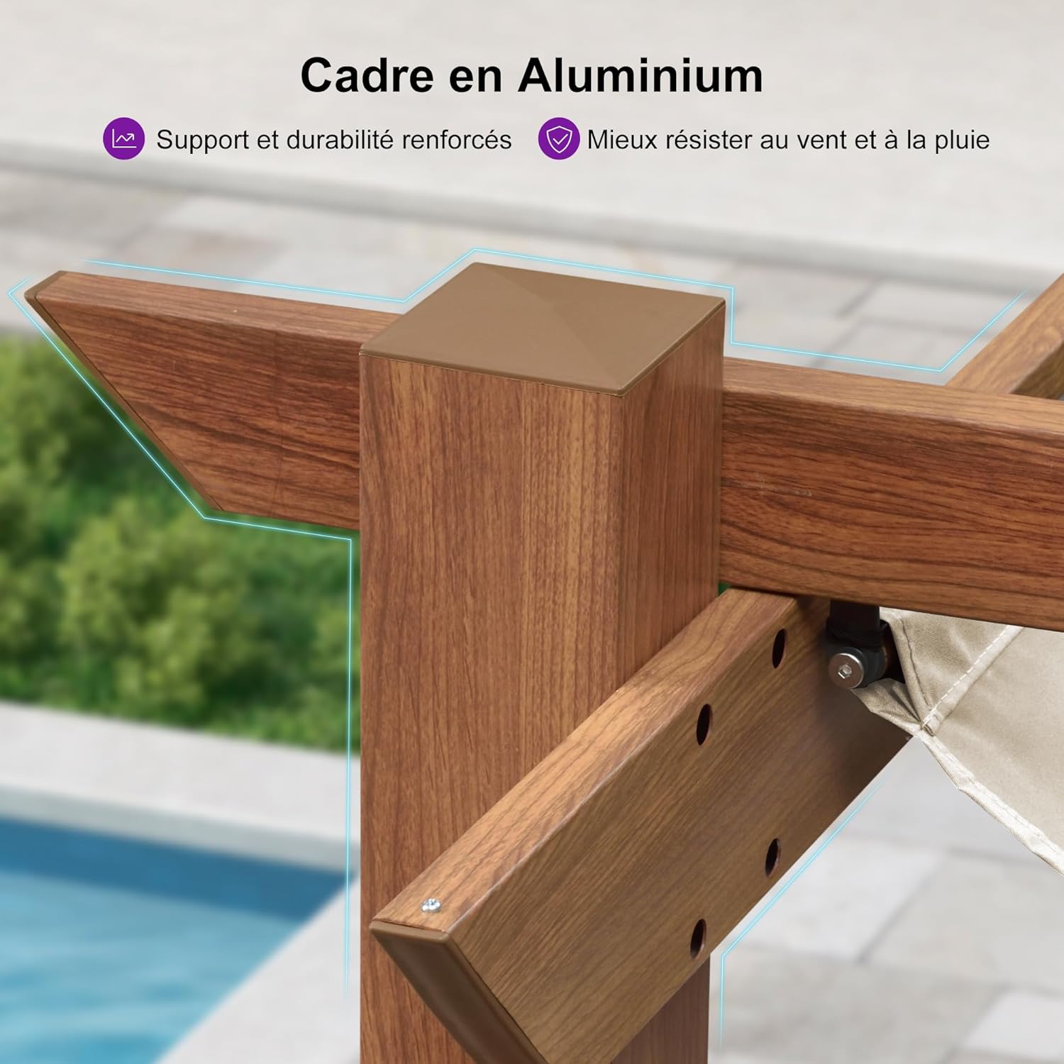 jardinito - pergola aluminium 4x3m teck, toile rétractable, kaki