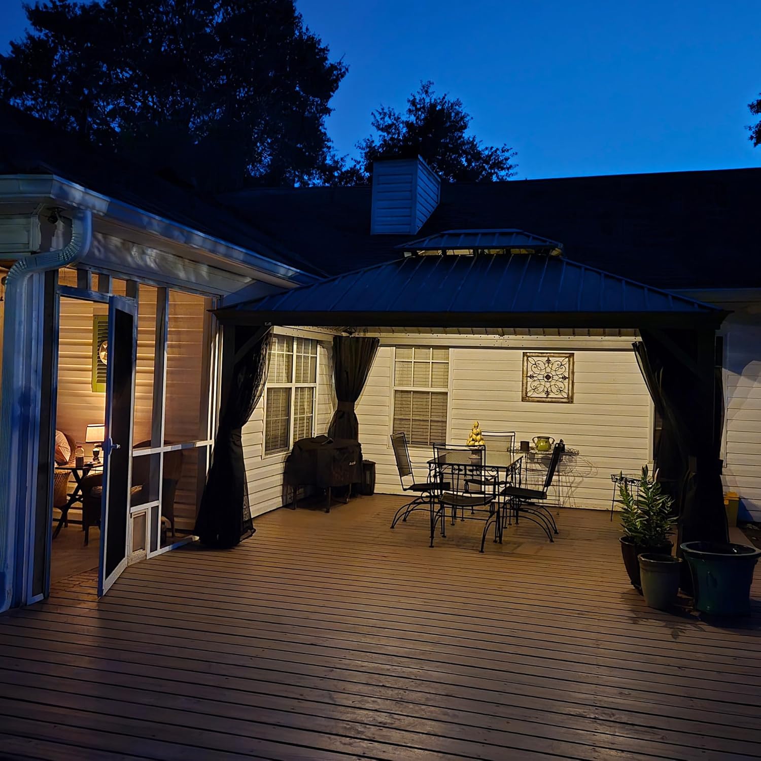 jardinito - tonnelle jardin double toit alu - 3,65x4,25m rideaux moustiquaire guirlande solaire