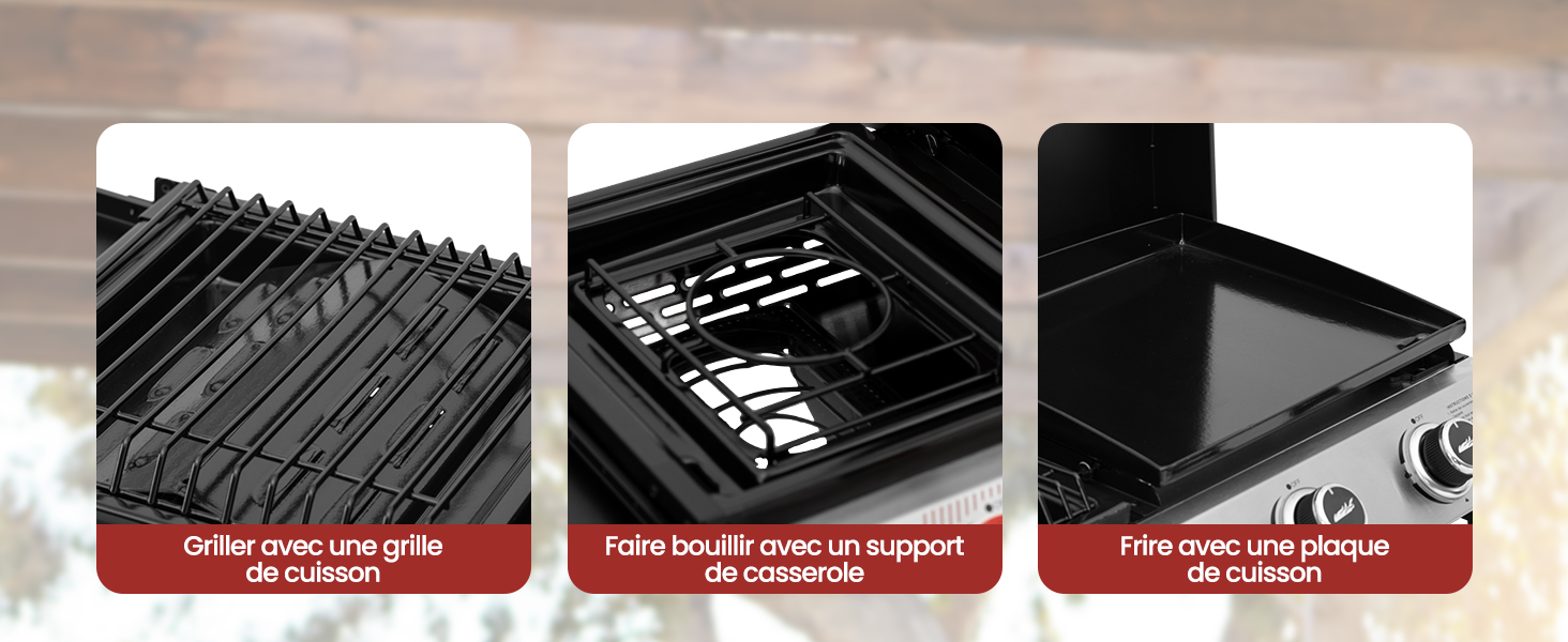 Trois images en gros plan d'une grille noire ou d'une surface de cuisson montrant diverses textures et motifs dans la construction métallique