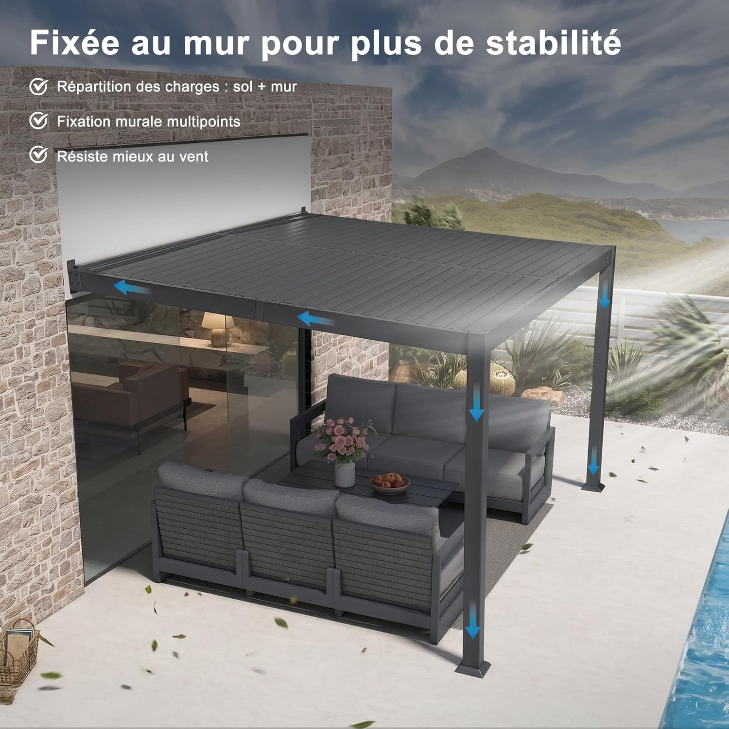 jardinito - Pergola bioclimatique adossée - 2,5x3 m - aluminium, lames orientables, résistante intempéries