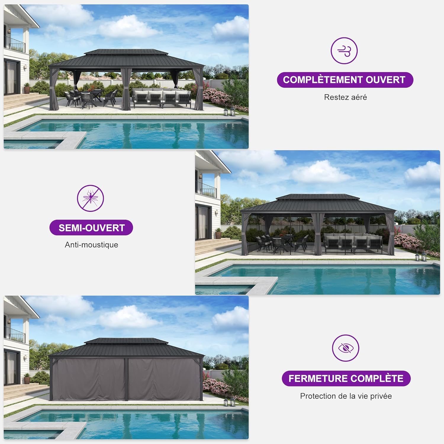 jardinito - Pergola série extérieure - 7.32x4.25m - alu, éclairage, moustiquaire, rideaux, gouttière, poteaux renforcé