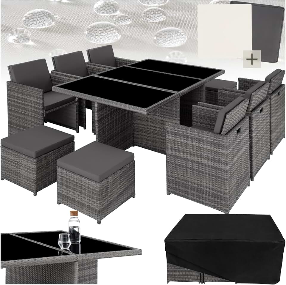 jardinito - Salon de jardin polyrotin 10 places, housses incluses, gris