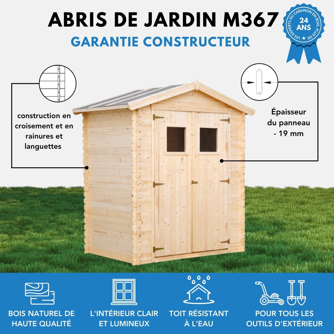 Abri de Jardin en Bois avec Sol TRAITÉ - Stockage extérieur I196xL136xH218 cm/ 1.98 m2 Petit abri à Outils, Local à vélos - Toit imperméable, fenêtres - jardinito M367