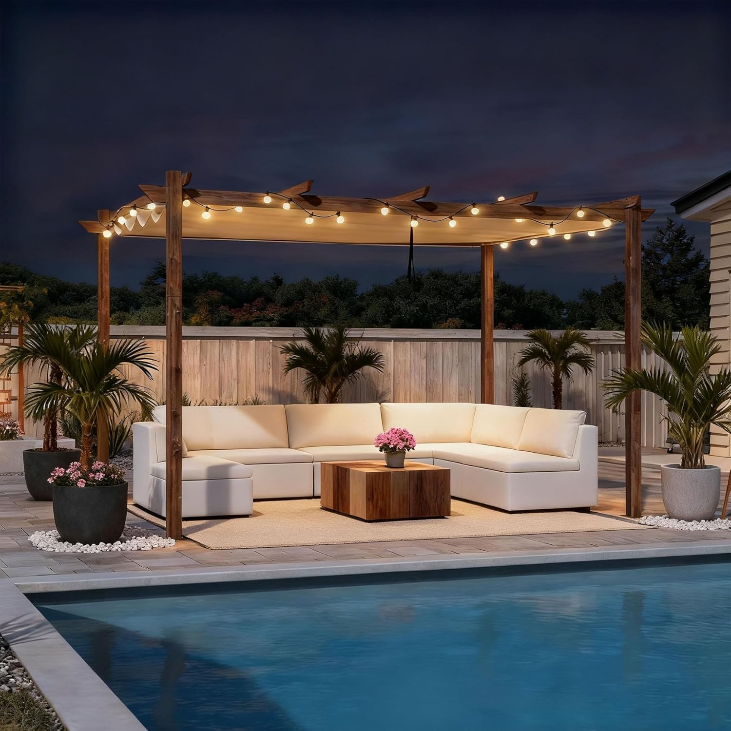 jardinito - Pergola aluminium 4x3m, toit rétractable, éclairage intégré, finition teck, kaki