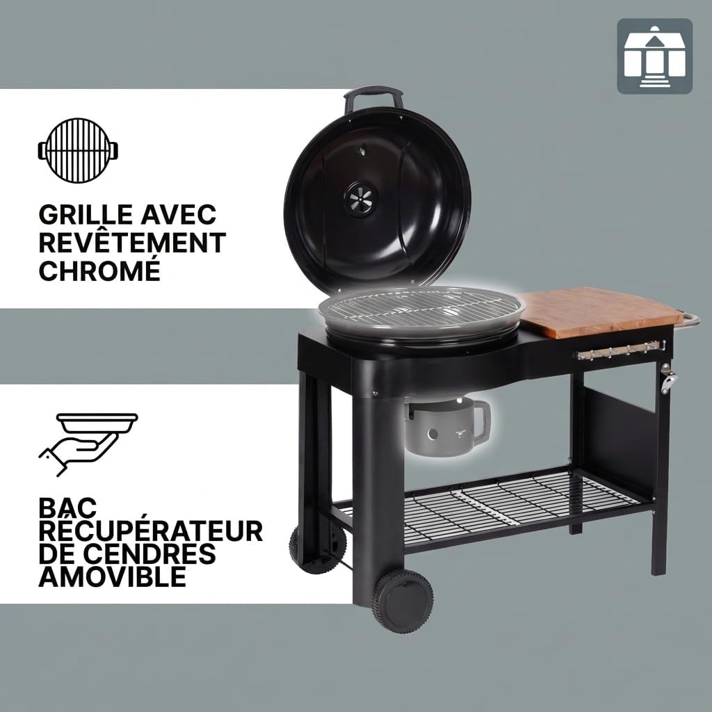 jardinito - Barbecue Calgary - acier/bois - couvercle thermomètre, tablettes, 2 roues, noir