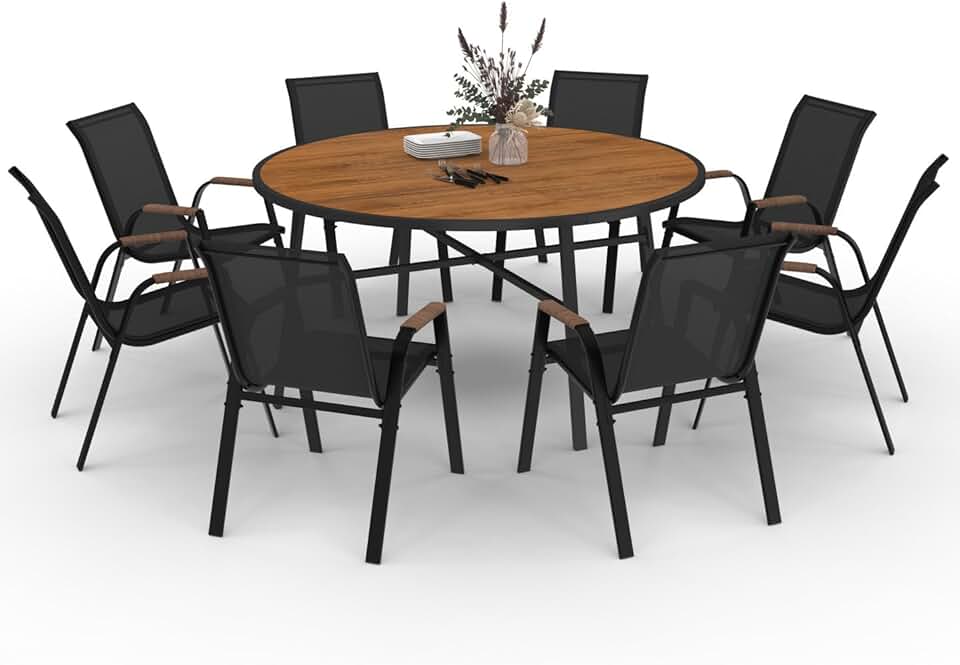 jardinito - Noumea - Table ø150 cm et 8 chaises empilables, verre et bois