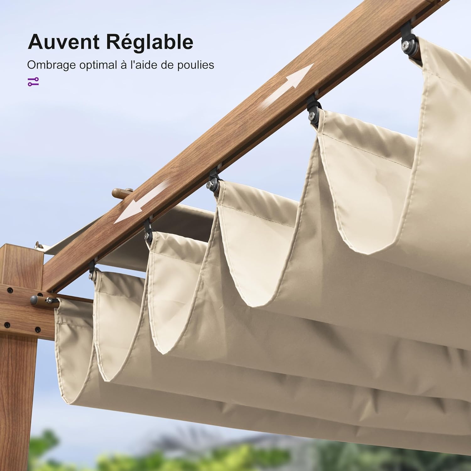jardinito - pergola aluminium 4x3m teck, toile rétractable, kaki