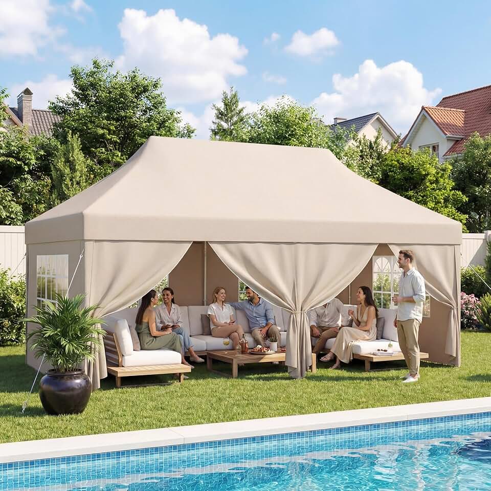 jardinito - tonnelle pliante série 3x6 - réglable, tissu Oxford imperméable, beige
