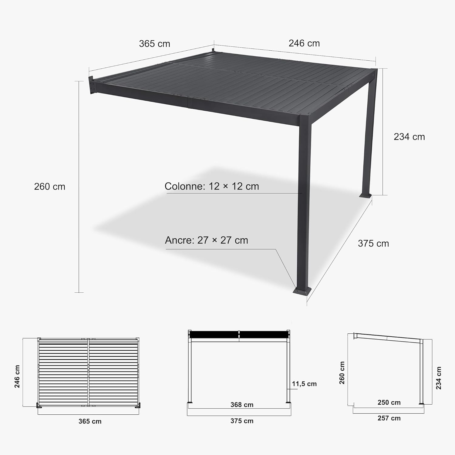jardinito - pergola bioclimatique adossée - 2,5x3,65m - aluminium, lames orientables, imperméable, gain de place
