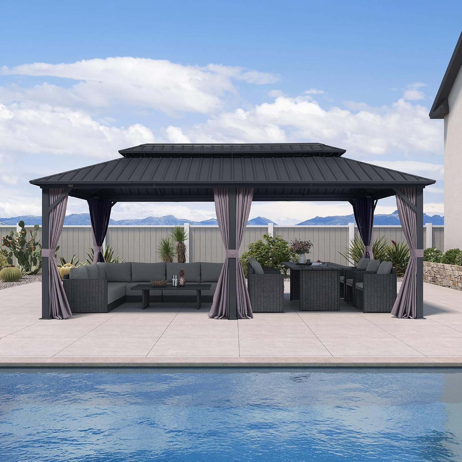 jardinito - pergola double toit 6x3m, alu & acier, rideaux & moustiquaire