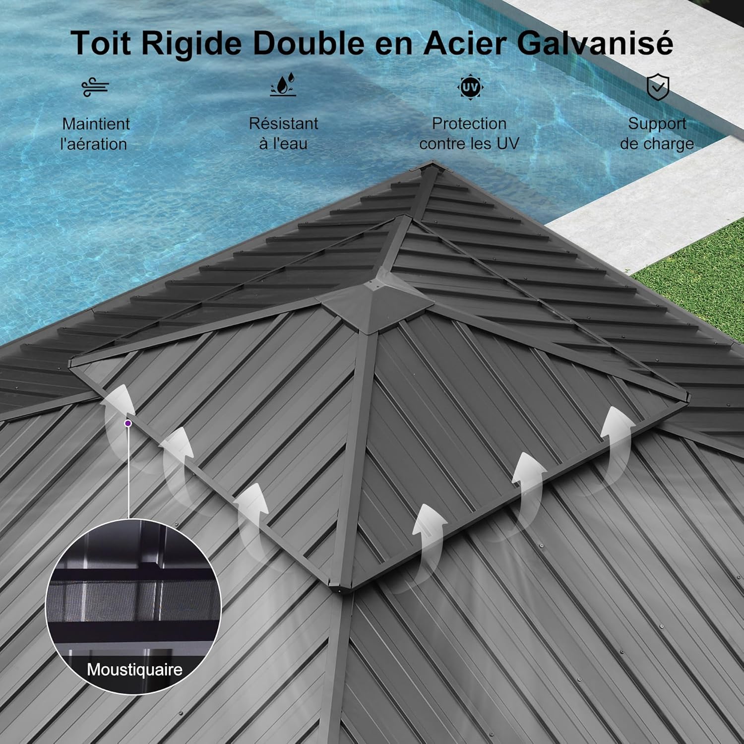 jardinito - tonnelle double toit acier 4x4m, rideaux, moustiquaire