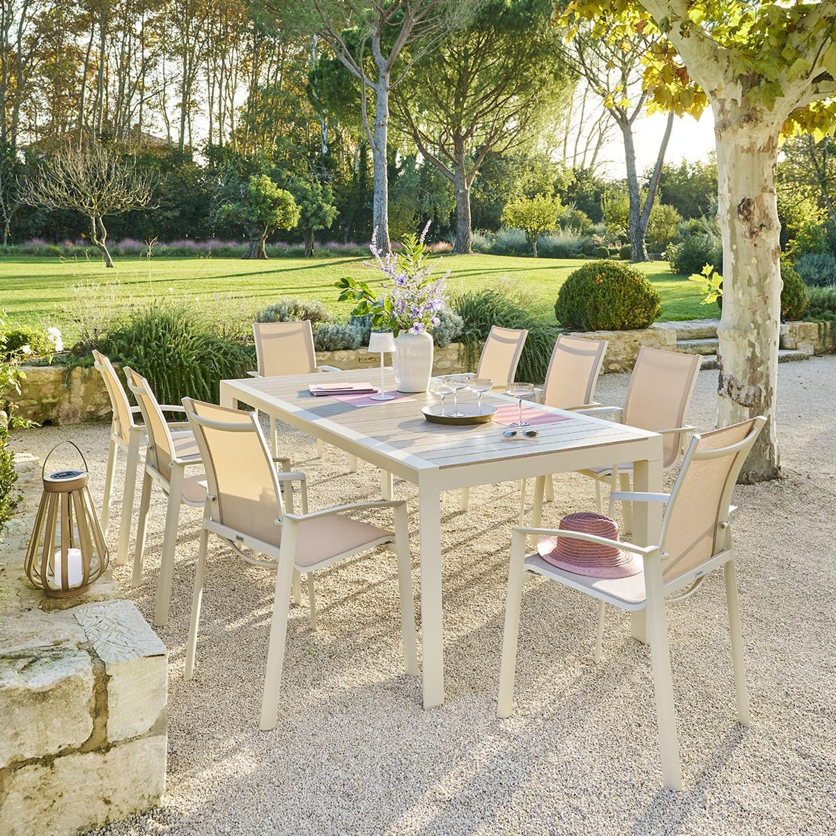 jardinito - Table de jardin Évasion 8 places - aluminium, effet bois, lin et argile