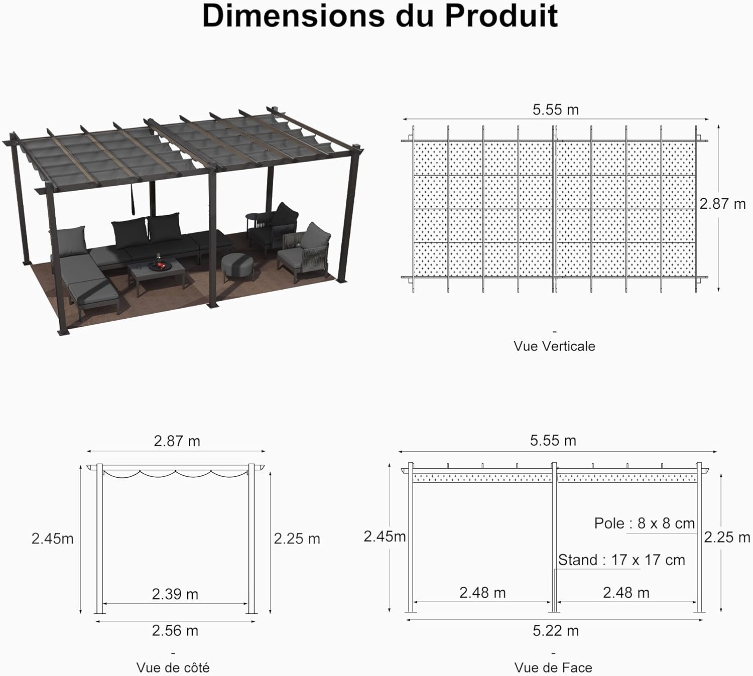 jardinito - Pergola aluminium 5,5x3m, éclairage LED, toit rétractable