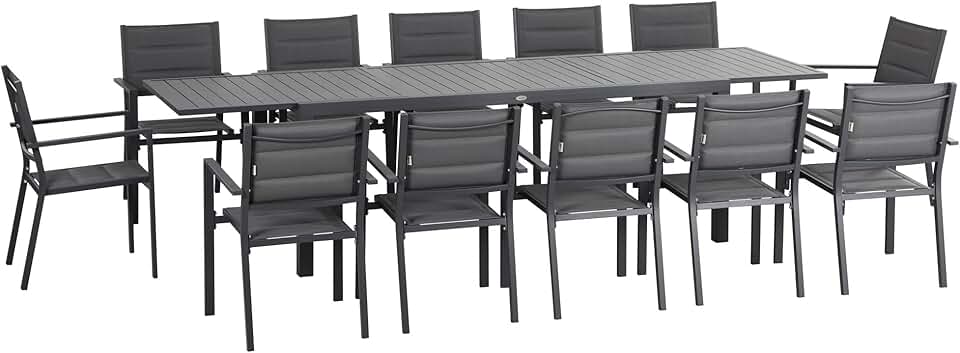 jardinito - Salon de jardin alu textilène extensible - 200/300x90x75cm - 12 chaises empilables
