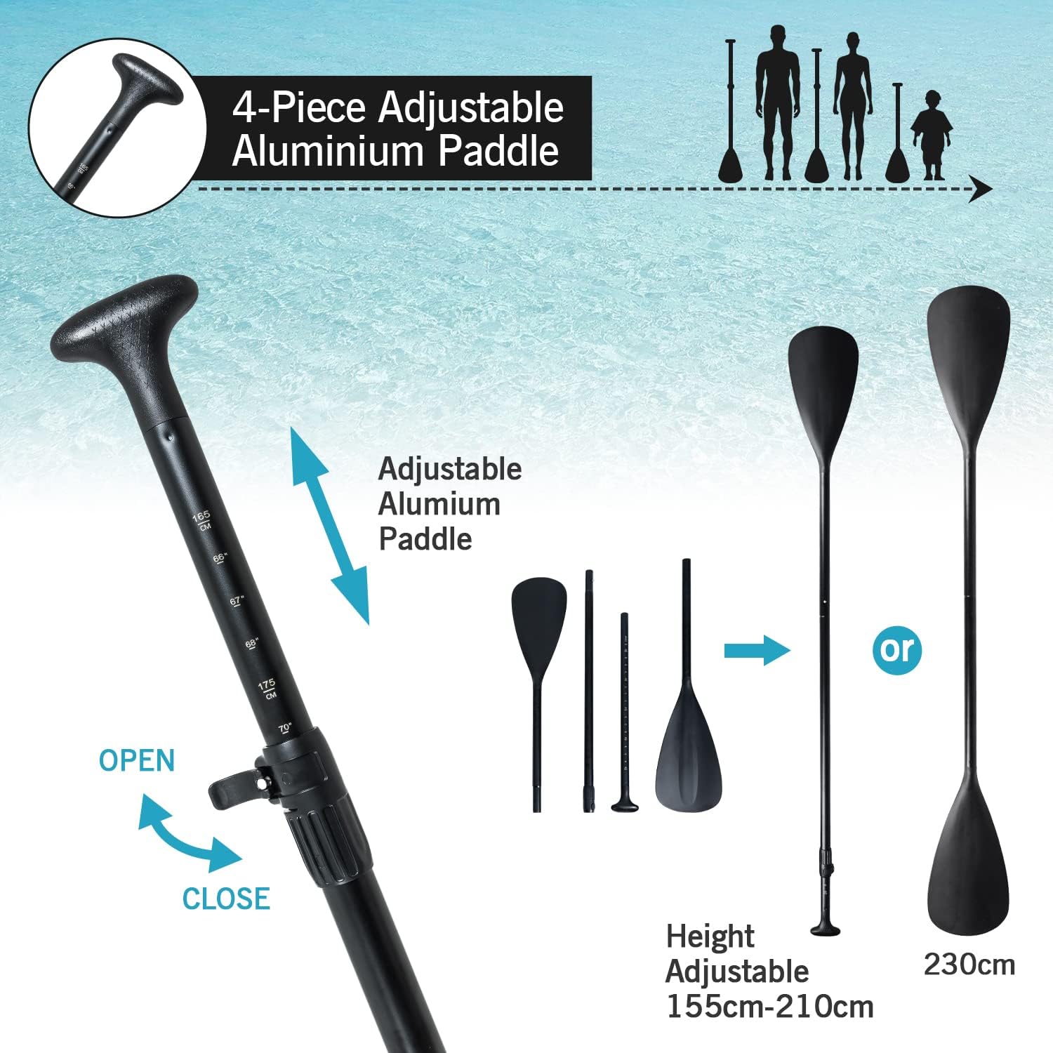 jardinito - Paddle gonflable adulte - 320/335cm - 2 places, siège kayak, pagaie alu, support caméra, jusqu'à 150kg