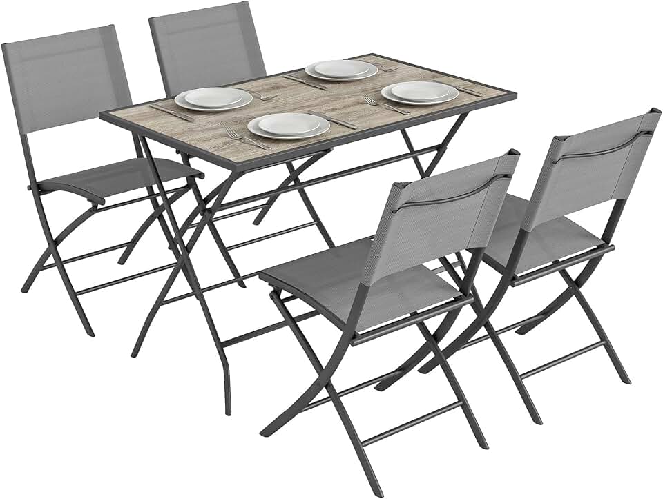 jardinito - ensemble salle à manger pliant 5 pièces, sièges textilène, gris