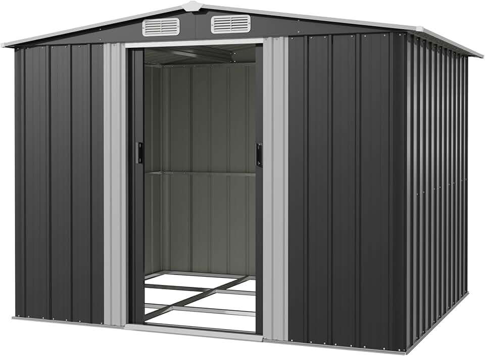 jardinito Abri de Jardin Métallique 8x6ft, Grand Rangement Extérieur pour Outils, Vélos et Poubelles, Toit Penté et Ventilation Inclus, Résistant aux Intempéries, pour Jardin, Terrasse et Pelouse, Noir