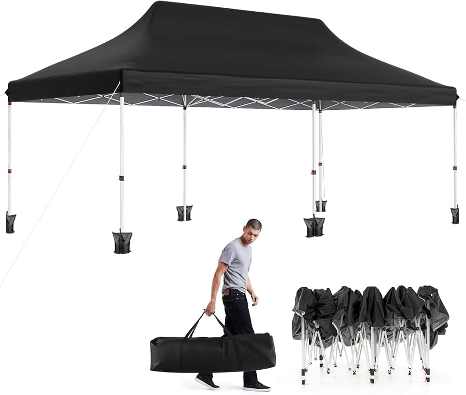 jardinito Tonnelle Pliante 3x6m Imperméable, Tonnelle Barnum Pliante 3x6 de Jardin Exterieur, Sac de Transport, Sac Lesté, Pavillon de Jardin Pop-Up pour Fête, Mariage (Noir|sans Bâche)