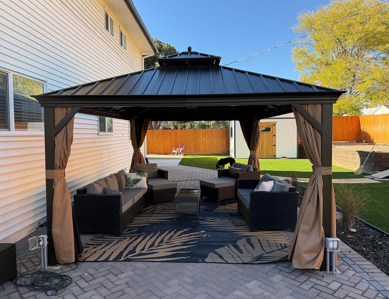 jardinito - Pergola toit double 4,85x3,65m acier moustiquaire rideaux