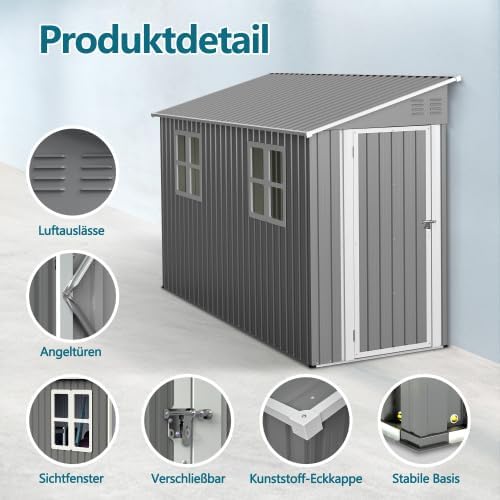 Abri en métal de 4 x 10 pieds avec kit de sol, toit en appentis avec double porte et 2 fenêtres, abri stable pour jardin, terrasse, cour, environ 1,2 x 3 m, gris