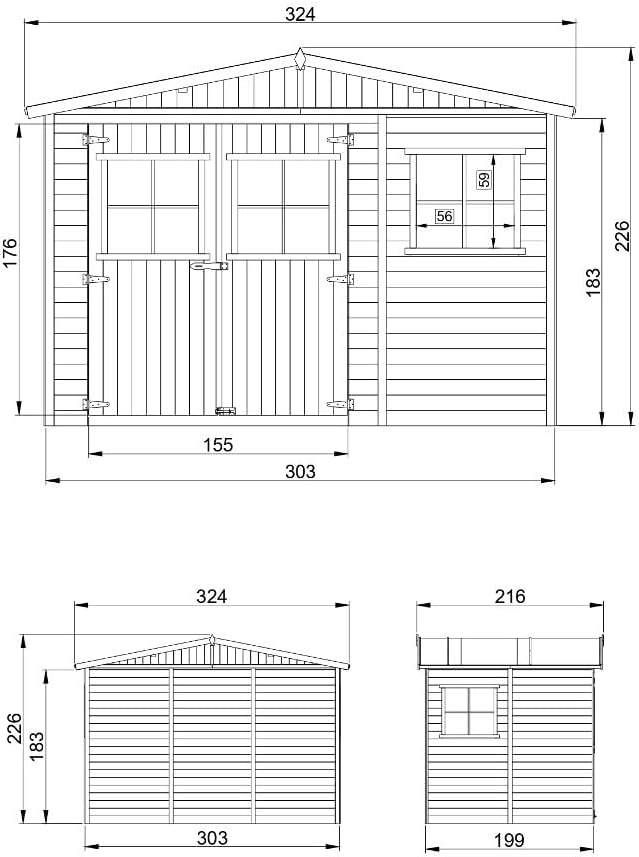 Abri de Jardin en Bois Exterieur avec Les PLANCHERS IMPRÉGNÉ- Cabane de Jardin en Pin/épicéa-H226x324x216 cm/6m2- Construction de Panneaux- Rangement pour vélos, Remise à Outils- jardinito M334+M334G