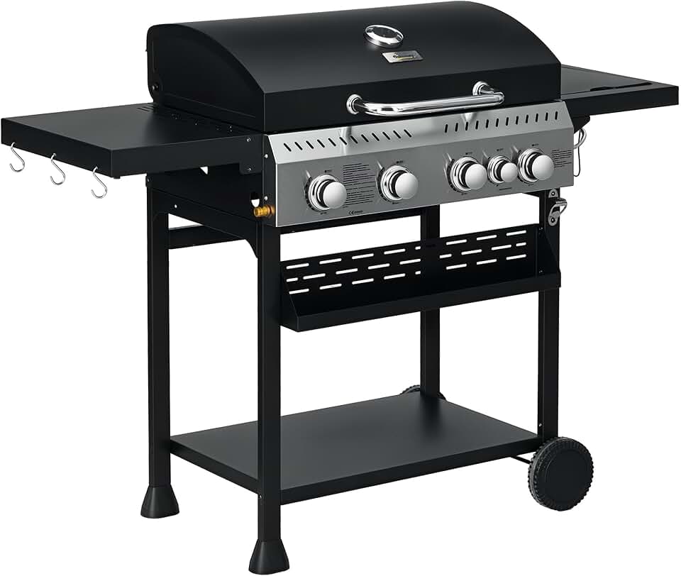 jardinito - Barbecue gaz 4+1 brûleurs 12,5kW - roulettes, étagères