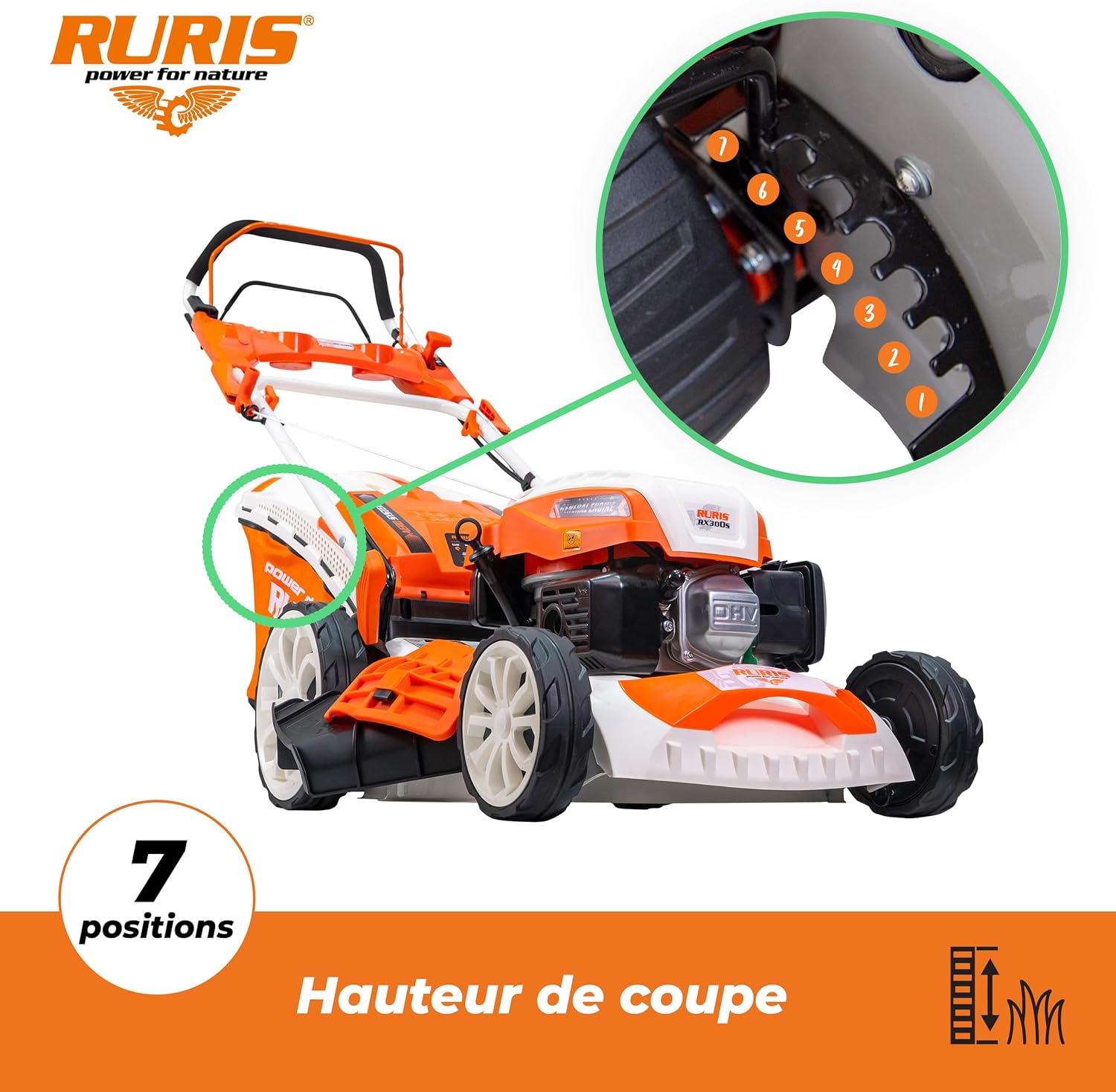 RURIS Tondeuse à Gazon Thermique RX300S 3,5 CV – Largeur 46 cm, Autopropulsée, 5 Fonctions - Ramassage, Éjection, Mulching, 1500 m², Moteur 4 Temps, Bac 65L