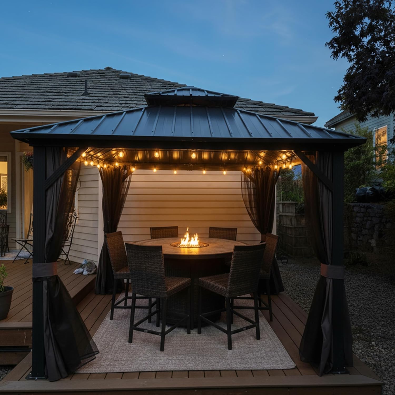 jardinito - tonnelle extérieur double toit 3x3m, alu et acier, rideaux, guirlande lumineuse